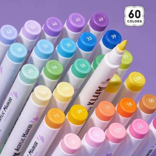 Image of Arrtx 60 Color Brush Paint Markers Paint Pens, Acrylic Paint Pens for Artists Adults Painting Drawing Cartoon Anime Comic - Rock Painting, Wood, Canvas, DIY Crafts, Multicolor