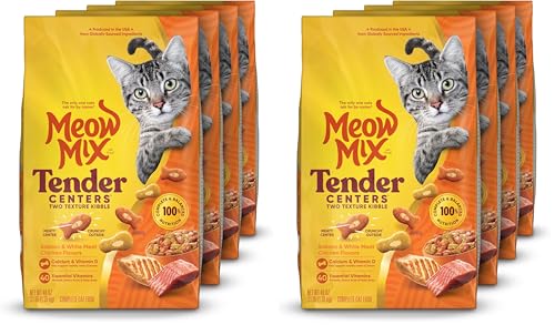 Image of Meow Mix Tender Centers Salmon & White Meat Chicken Flavors Cat Food,3 Pound,Crunchy Outside Meaty Inside,(Pack of 8)