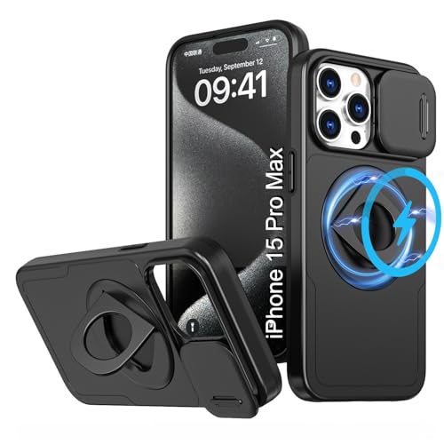 Image of LuxuryKase MagSafe Shockproof Rugged Back Case for iPhone 15 Pro Max | Finger Ring Kickstand & Sliding Camera Cover | Military Drop Protection | Wireless Charging Support - Black
