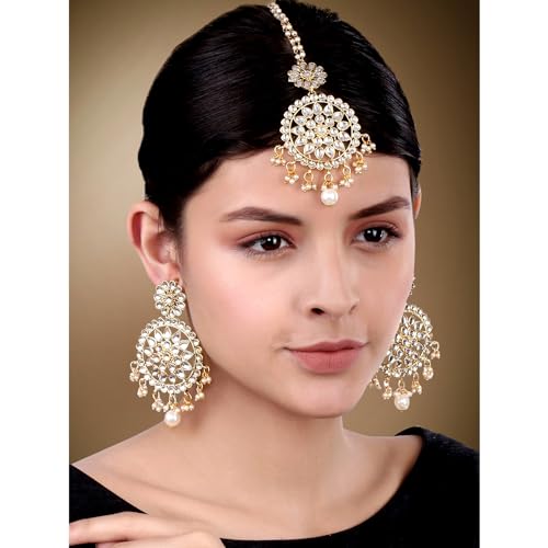 Aheli Ethnic Faux Kundan Drop Pearl Beads Dangle Earrings Maang Tikka Set Bollyood Fashion Jewelry for Women & Girls2