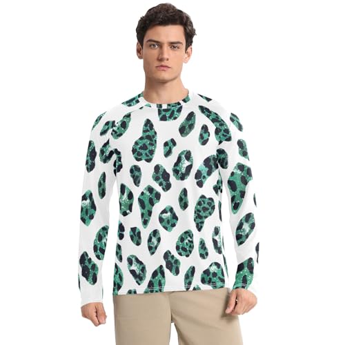 Trendy Green Leopard Men Rash Guard UV Protection UPF 50+ Sun Shirt Quick Dry Long Sleeve Beach T-Shirts, X-Large