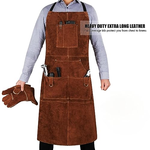Eletecpro DHWQ-JC9001BROWN/JNMP Woodworking Apron Heavy Duty- Length 42 Inch 6 Pockets Leather Welding Apron & Welding Gloves Cowhide Fire/Heat Resistant Shop Apron Men/Women  thumb #3