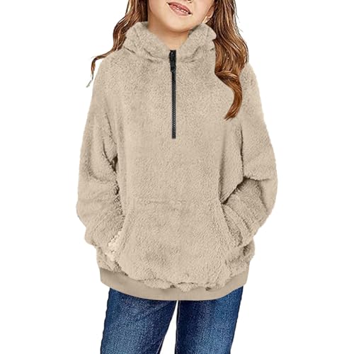 Girls Fuzzy Fleece Pullover Hoodies Unisex Kids Half Zip Sweatshirt Casual Loose Winter Warn Outwear Coat with Pockets