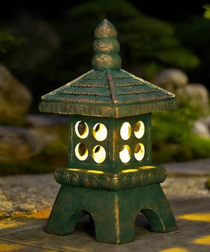 Statue pagode solaire de 40 cm en polyrésine finition pierre pour jardin