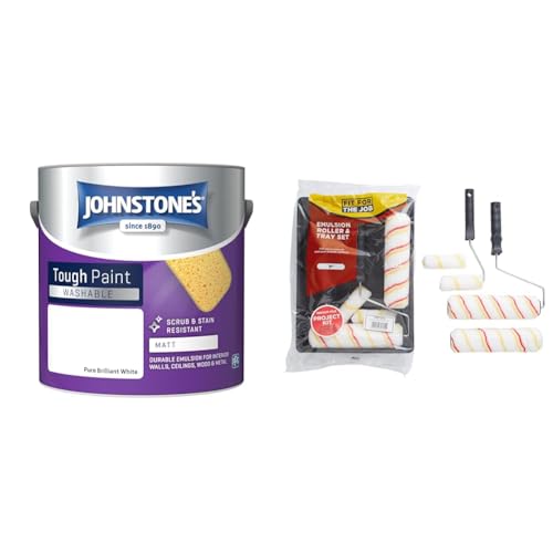 Johnstone's - Washable Paint - Pure Brilliant White - Matt Finish - Emulsion Paint & Fit For The Job FRRT003 7 piece Emulsion Paint Roller Set, 2x 9 inch & 2x Mini Paint Rollers
