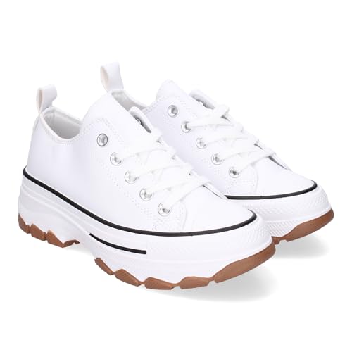 85826 Zapatilla de Plataforma para Mujer, Comoda, Estilo Bamba, Material Polipiel, y Cierre de Cordones Blanco Talla 38