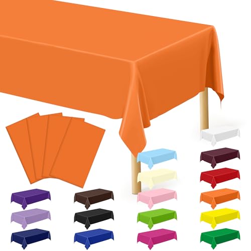 Image of QZYL 4 PCS Table Cloth, 54 inch x 108 inch Orange Tablecloth Plastic, Multiple Colors Disposable Tablecloth for Indoor Outdoor Home Essentials, Waterproof Table Covers of Baptism Decorations Picnic Themed