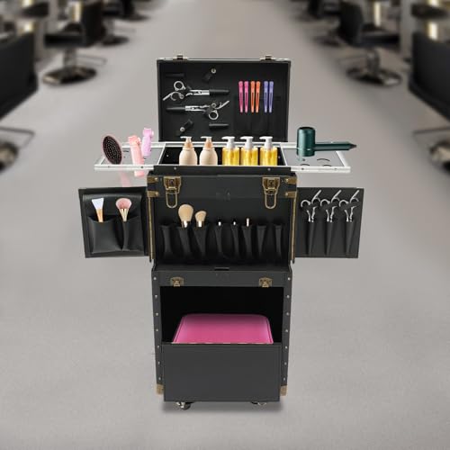 Image of Professional Hairdressing Case, Rolling Hairdressing Tool Box, Multi-functional Cosmetic Trolley with Combination Locks and Keys, Makeup Train Case for Salon Makeup Beauty (Black)