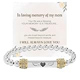 For Memorial In Memory of Loved Ones-Heart With Wings Dainty Diamond Beaded Stretch Bracelets，Angel Wing Missing You Always Lost Lover Stainless Steel Engraving Tube Gift Jewelry For Women Men (In Memory of Mom-Gold) -  DIOWUS
