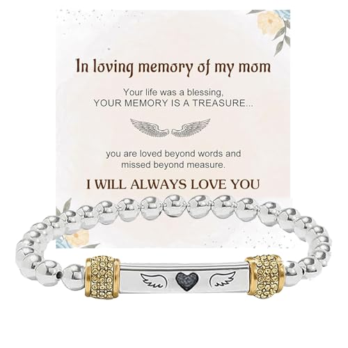 For Memorial In Memory of Loved Ones-Heart With Wings Dainty Diamond Beaded Stretch Bracelets，Angel Wing Missing You Always Lost Lover Stainless Steel Engraving Tube Gift Jewelry For Women Men (In Memory of Mom-Gold) -  DIOWUS