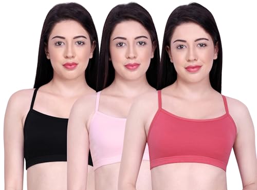 Image of INKURV Slip on Beginner's Bra for Girls, Non Padded, Non Wired, No Hooks with Double Layered Fabric, Adjustable Straps, Wirefree Sports Bra- Lisa Combo of 3