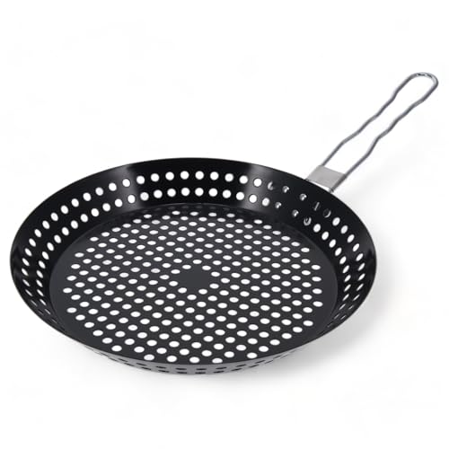 MIJOMA Poêle à barbecue en acier inoxydable antiadhésif | Perforé avec poignée rabattable Ø 30cm | Parfait pour les grillades au barbecue | noir