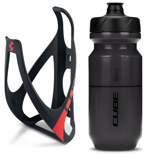 Cube HPP Cage - Matt Black/Red & Flow Bottle - Black, 500ml / Water Drink Flask Vessel Bidon Holder Mount Bracket Kit Lightweight Plastic Drinking Hydration Biking Bike Riding Frame Accessories