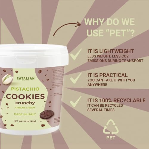 Image of EATALIAN by AMZ BETTER Pistachio Cream with Sweet Crunchy Cookies, 35.02 oz /1000 gr, Delicious Spread with a Uniquely Sweet Taste, Ideal on Bread, Excellent for Dubai Chocolate, Made in Italy