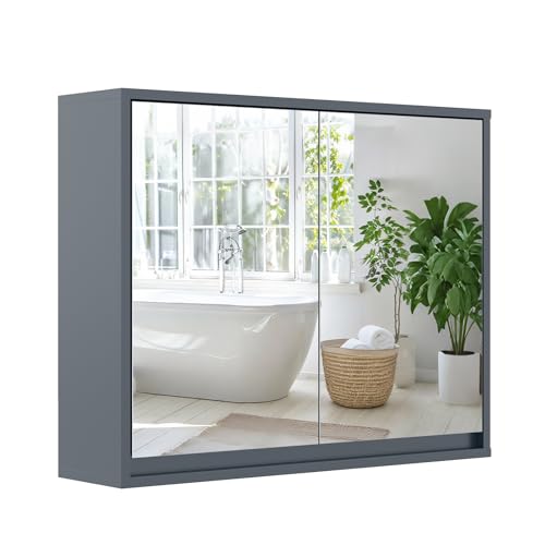COSTWAY Bathroom Mirror Cabinet, Wall Mounted Storage Cupboard with Shelf, Home Kitchen Living Room Display Organiser Unit (Smaller Double Door, Grey) - Cosy Home Interiors COSTWAY Bathroom Mirror Cabinet, Wall Mounted Storage Cupboard with Shelf, Home Kitchen Living Room Display Organiser Unit (Smaller Double Door, Grey)