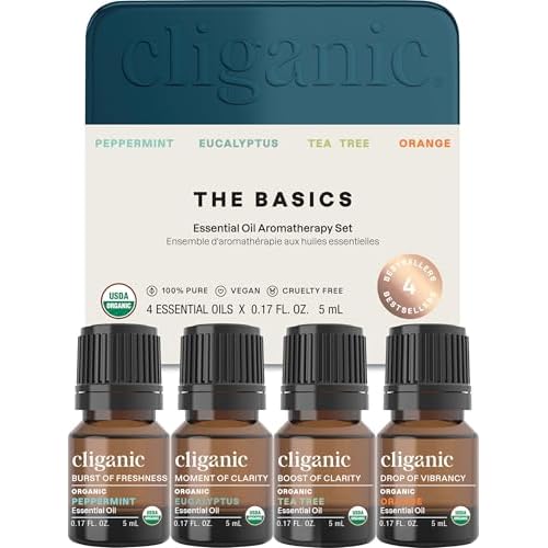 Cliganic Organic Essential Oils Gift Set (Top 4 – The Basics), 100% Pure Natural Aromatherapy – Peppermint, Eucalyptus, Tea Tree & Orange