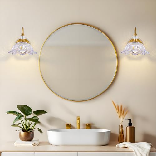 Image of 1 Piece Vintage Wall Sconce with Floral Rainbow Glass Shade, Matte Brass Finish Wall Mount Lighting for Bathroom,Vintage Bathroom Vanity Light Fixtures
