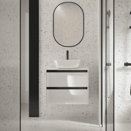 Mueble de Baño Suspendido con Lavabo Sobreponer Cerámico |Mueble Volado 2 Cajones con Tirador | 70 cm Blanco Brillo Tirador Negro