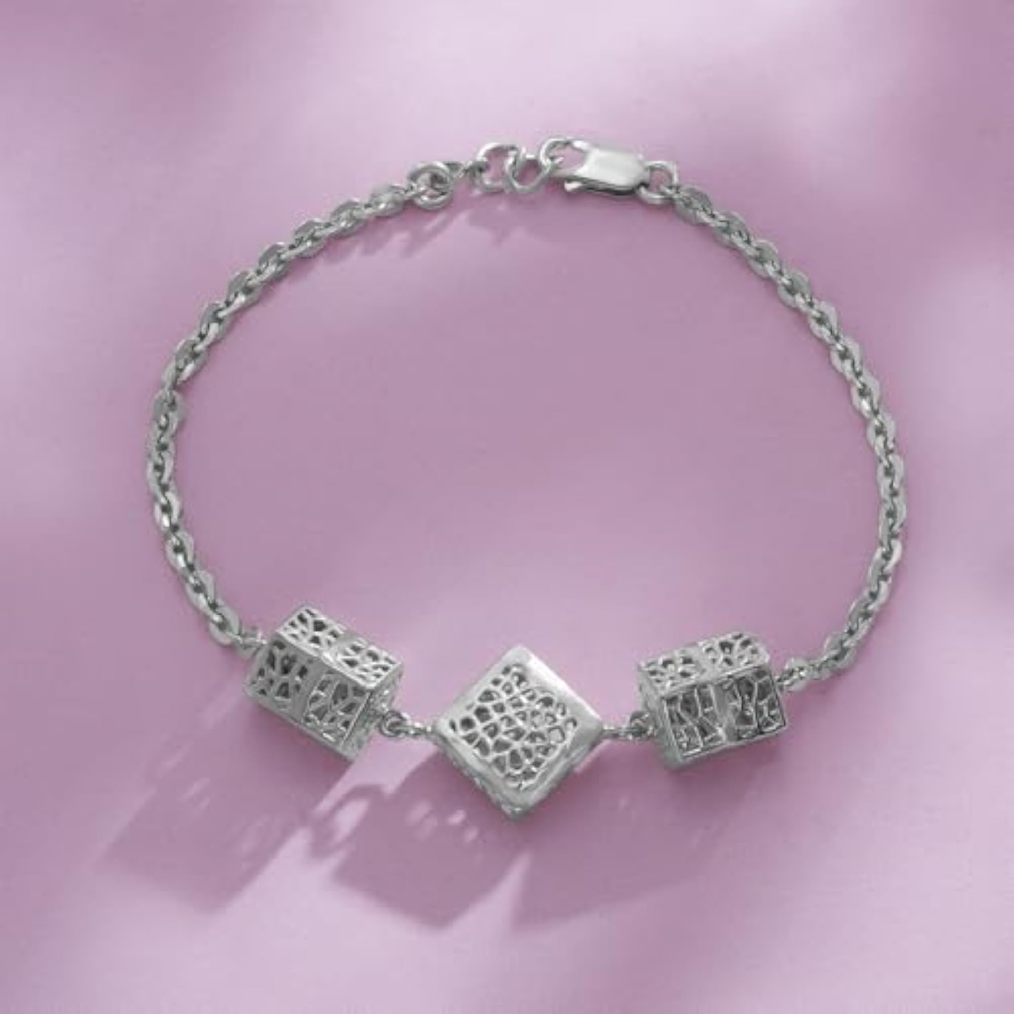 925 Sterling Silver Textured Cube Chain Bracelet for Women