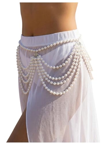 WDIRARA Womens Pearls Waist Chain Body Chain Beach Bikini Accessories White Layers One-Size
