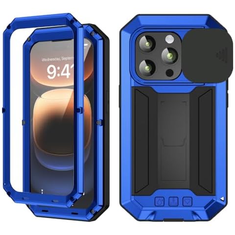 JINGANGYU Compatible with iPhone 16 Pro Max Rugged Metal Case with Screen Protector Kickstand Camera Slide Cover Full Body Cover Military Sturdy Armour Armor Shockproof Dorp Test Cover Outdoor (Blue) Cover