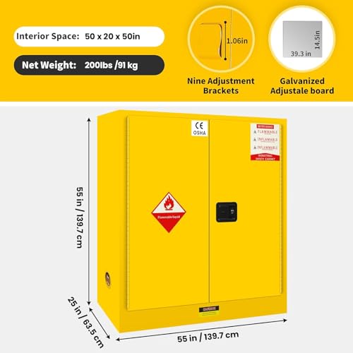 Image of 257 Gallon Flammable Cabinet 55H x 25W x 55D, Galvanized Steel Flammable Storage Cabinet, Adjustable Shelf for Commercial Industrial Home Use