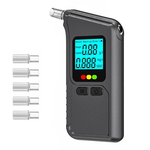 Breathalyzer, 2026 Upgraded Professional-Grade Accuracy Alcohol Breathalyzer Tester Battery Powered, Portable Breathalyzers for Alcohol LCD Digital Display with 5 Mouthpieces