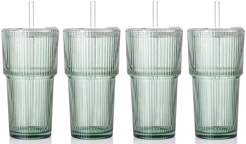 4PCS Green Ribbed Glass Cups with Lids and Straws, 20oz Vintage D...