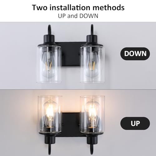 Image of Matte Black Bathroom Light Fixtures Over Mirror,2-Light Bathroom Vanity Light with Clear Glass Shade,Modern Farmhouse Wall Sconces Lighting for Kitchen Living Room Bedroom Cabinet