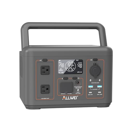 ALLWEI 512Wh Portable Power Station, 500W(Peak 1000W) LiFePO4 Battery, Solar Generator Fast Charge, UPS Mode, Pure Sine Wave 110V AC Outlets, Battery Generator for CPAP Outdoor RV Camping Po