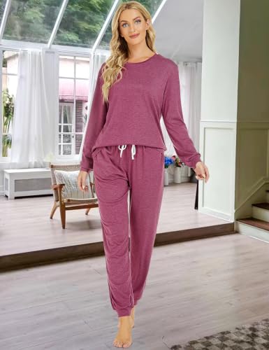 Image of LOCUBE Women's Pajama Set Soft Comfy 2-Piece Long Sleeve Lounge Sleepwear with Drawstring Pants and Pockets
