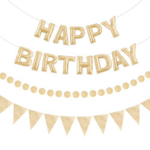 Image of CANREVEL 3 PCS Pre-Strung 3D Birthday Banner Decorations, Champagne Gold | Colorful Reusable Birthday Decorations for Women Men Girls Boys, Felt Happy Birthday Sign Garland, Triangle Bunting