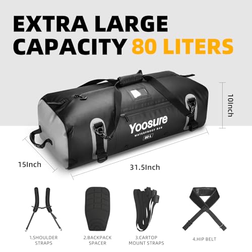 Image of 80 lt Waterproof Duffel Bag Motorcycle Dry Bag Backpack, Waterproof Zippered Bags with Backpack Spacer Pad for Kayaking Rafting Boating Canoeing Camping Paddle Beach (Black)
