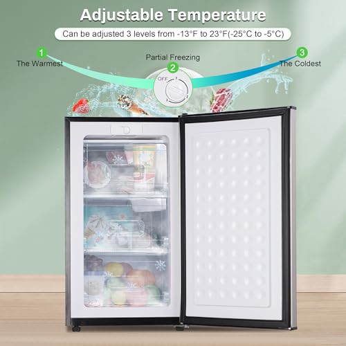 Image of Mini Upright freezer 3.6 Cubic Feet Mini Freezer, Single Door Compact Freezer with Reversible Stainless Steel Door, 3-Speed Temperature Adjustment Small freezer for Home, Glossy Silver