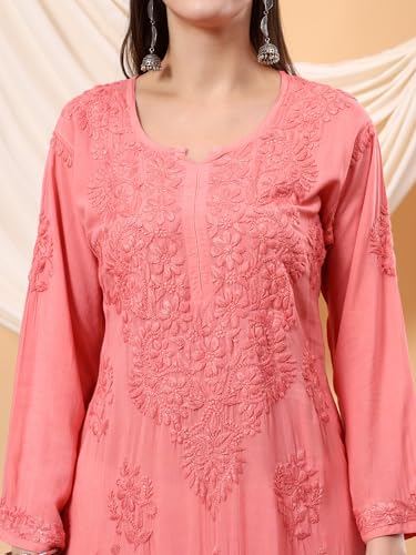 Image of POSHAK CHIKAN STUDIO Women's Hand Embroidered Lucknowi Chikankari Modal Straight Long Kurta, heer