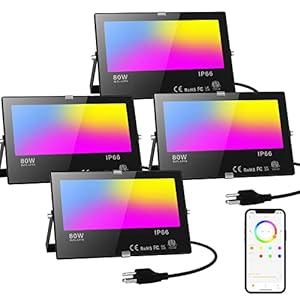 LED Flood Light Outdoor 800W Equivalent 8000LM, Smart RGB Color Changing Landscape Lighting with APP Control, IP66 Waterproof Outdoor LED Lights Daylight 5700K, DIY Scenes, Timing Floodlights, 4 Pack