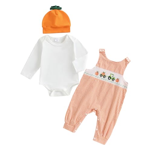 BeQeuewll My First Halloween Baby Boy Outfit Newborn Pumpkin Romper + Plaid Overalls+ Hat 3Pcs Infant Boy Fall Clothes (Orange 0-3 Months)