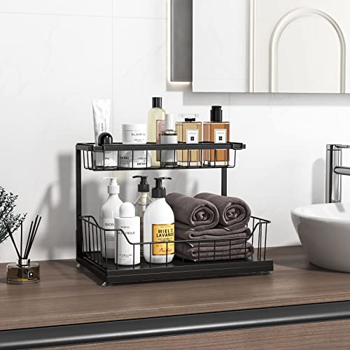 Under Sink Organizer and Storage,2-Tier Metals Kitchen Cabinet Organizer Pull-Out Sliding Cabinet Basket Storage Organization,for Kitchen/Bathroom/Laundry Space Saver