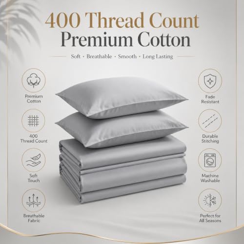 Image of LINENWALAS 100% Cotton Fitted Bedsheet, 400tc Long Staple Imported Egyptian Cotton, Premium Bed Sheet with Pillowcase for Queen Bed All-Around Elastic for 4-8 Inch Mattresses (60 inch x78 inch, Silver Grey)