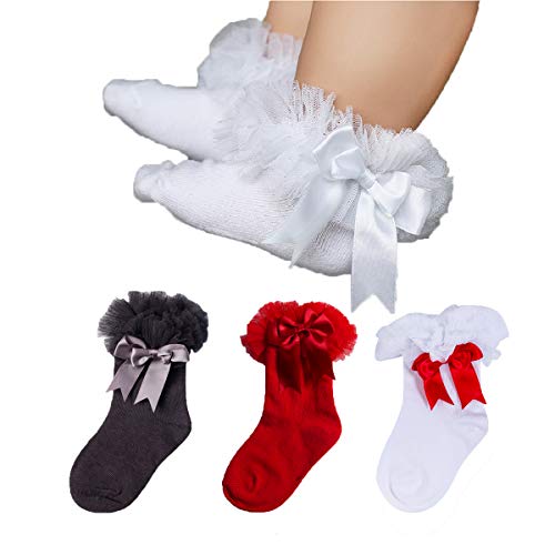 Newborn Infant Kids Baby Girls Boys Bowknot Ribbon Lace Socks Solid Cotton Knit Ruffle Frilly Ankle Socks
