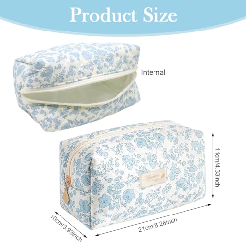 Image of MAYCREATE Fashion Makeup Bag Travel Makeup Pouch Blue Floral Soft Zipper Utility Zipper Pencil Pouch Gadget Stationeries Storage Tool Organizer Bag, 20.5x9x9.5cm