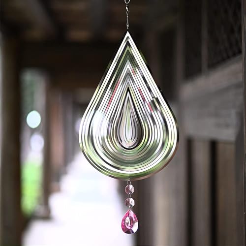 DOFE 19.5inch Silver Wind Spinners Outdoor Metal 3D Wind Spinner Stainless Steel Drop-Shaped Pattern with Colorful Crystals Pendant & 360° Rotating Hook Hanging Garden Decor.