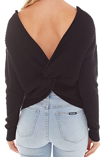 Love Tree Women's Cozy V-Neck Criss Cross Twisted Back Long Sleeves Pullover Sweater Top Also Reversible For A Flirty Look (Black, Medium) #TOP4
