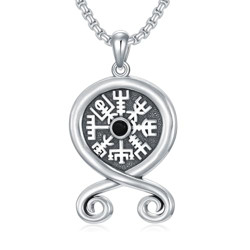 MEIDERBO Viking Compass Necklace for Men 925 Sterling Silver Troll Cross Pendant Norse Viking Amulet Necklace Obsidian Jewelry for Birthday Christmas