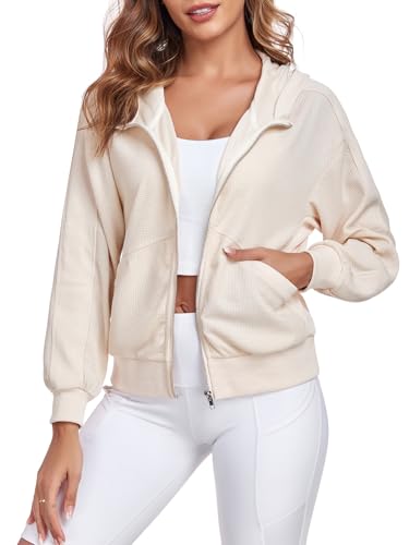 Women's Cropped Waffle Jacket Oversized Zip Up Long Sleeve Batwing Y2K Hood jacket with Pocket