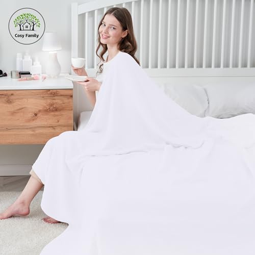 Image of Cosy Family 6 Layer Muslin Bed Blanket - Breathable and Lightweight Gauze Boho Blanket for Spring, Soft 100% Cotton Muslin, White, 80x90 Inches