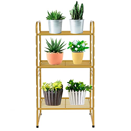 Georis 3-Tier Heavy Duty Wire Shelving Unit Storage Rack, Stackable Extendable Plant Stand Organizer With Adjustable Shelf, Water Bottle Storage Holder, Gold #TOP1