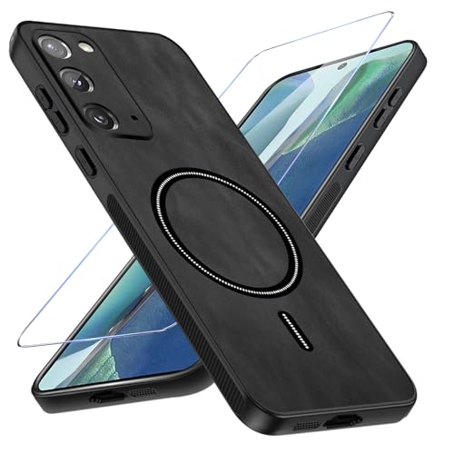 Migexxkj Handyhülle für Samsung Galaxy Note 20 Hülle mit Schutzfolie, Schutzhülle PU Leder mit Kameraschutz für Mag-Safe für Galaxy Note 20 Cover Tasche (TOP Militärschutz und Magnetisch) (Schwarz)
