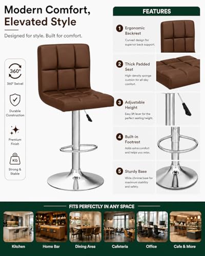 Image of Kemon KaiMeng Modern Adjustable Swivel Bar Stool Chair with Backrest, PU Leather Hydraulic Counter Stool with Footrest for Kitchen Island, Cafe & Home Bar, Brown, Square Tufted Back Stool