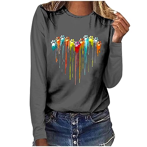 Return pallets for Sale Liquidation Dog Paw Love Heart Print T-Shirt for Women Long Sleeve Cute Graphic Tees Tops Crewneck Shirts Heart Shirts for Women